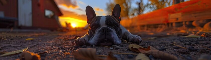 French Bulldog lying on the ground at sunset. Autumn leaves scattered, sunset glow creating a serene and peaceful atmosphere. - Powered by Adobe