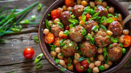 Savory homemade meatballs rest amidst a colorful medley of chickpeas, juicy tomatoes, and fresh green onions in a rustic bowl on a wooden table.