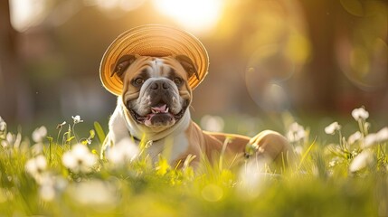Happy bulldog wearing a straw hat lying on the grass in a sunny park field, surrounded by white flowers and bathed in golden light.