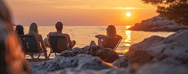 Friends enjoy a stunning sunset by the ocean, seated on beach chairs, relaxing on a rocky shore, capturing a beautiful summer moment. - Powered by Adobe