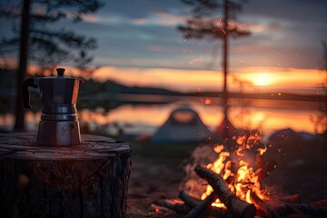 Cozy campsite with a coffee pot on a tree stump, campfire, tent, and serene sunset over a lake surrounded by nature.