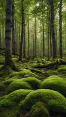 Verdant forest in Scandinavia, characterized by dense foliage and carpets of vibrant green moss.