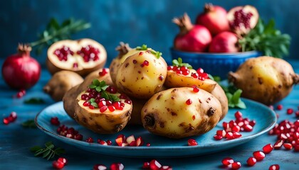 Obraz premium Batata Harra. traditional arab food space potato with pomegranate on blue background. copy space 