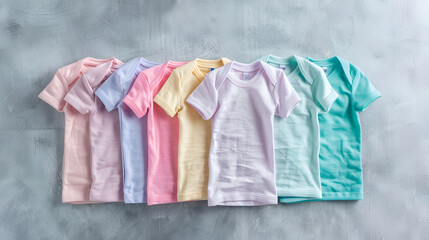 Fototapeta premium Bright clothes on wooden hangers against blue background, Rainbow colors, Several shirts on a hanger from white to black color range, Set of six colored cotton t-shirts mockups isolated on white