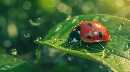 a ladybug on a green leaf, perfect lighting, highly detailed,