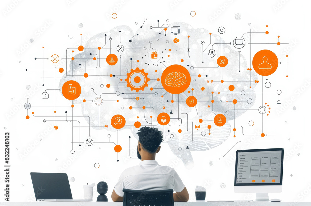 Poster businessman analyzing data in an abstract brain network - conceptual illustration of intellectual wo