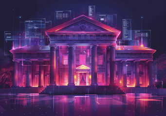 Futuristic Online Bank Service with Digital Investing Platforms, Minimalistic Illustration of a Bank Building at Night, Modern Financial Technology Concept