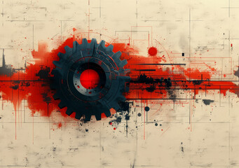Minimalistic  Illustration of Gear with Abstract Red and Black Design, Industrial Theme, Modern Art, Machinery, and Mechanical Concept