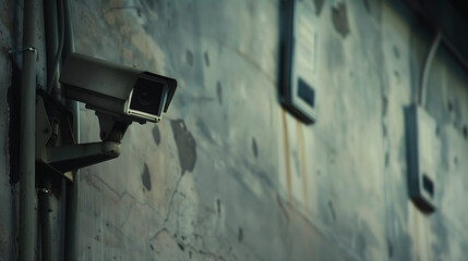 A camera is mounted on a wall. The camera is black and white