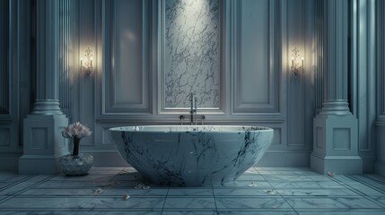 a luxurious bathroom with a marble bathtub, elegant fixtures,