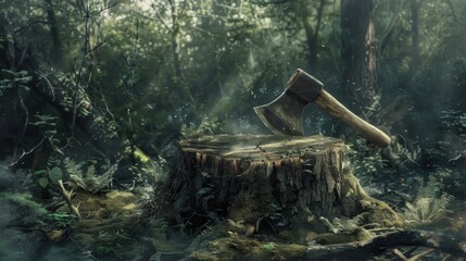 A tree ax buried in a tree stump Stimulates the feeling of working in the harsh outdoors and in forestry.