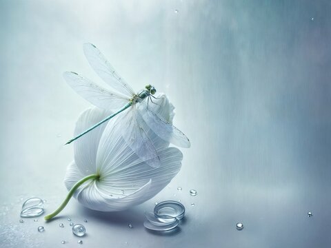 Minimalist Hyperrealism a dragonfly on a petal in virgin white lovely lilac liquid lime and ethereal silver