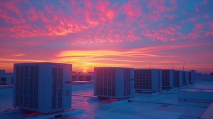 Industrial rooftop with air conditioning units under tranquil evening sky