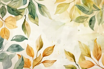 a Watercolor waterpaint adorned with defocused green leaves and yellow leaves arrangement for banner advertisement, adding a touch of allure and vibrancy to marketing visuals.