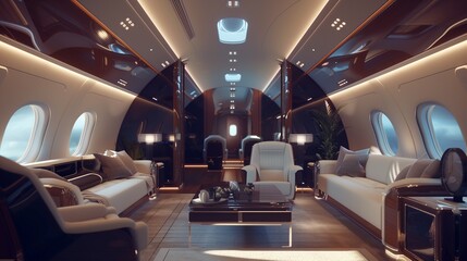 a luxury private jet interior with sleek design and advanced technology,