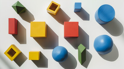 color cubes lying randomly from kids play, Wooden bricks mockup, copy space. Empty stack of cubes for creative design. Scattered colorful blocks
