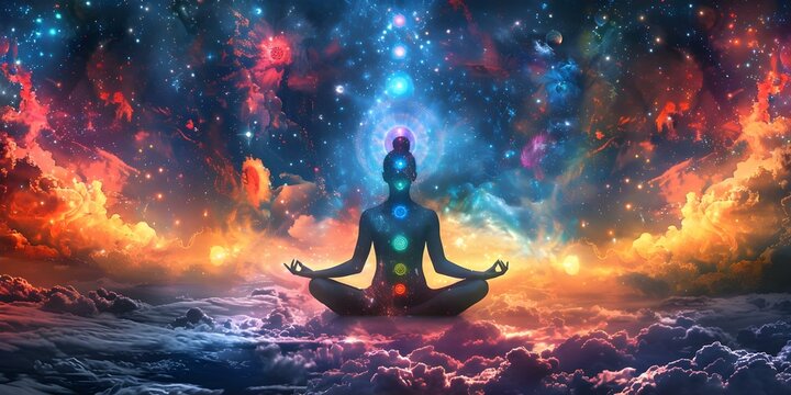 Spiritual meditation background with chakras prana and cosmic universe themes. Concept Spiritual Meditation, Chakras, Prana, Cosmic Universe, Mindfulness