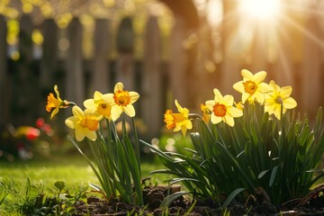 Obraz premium A beautiful flowerbed with daffodil flowers in the spring on a garden plot near the fence in the rays of sunshine