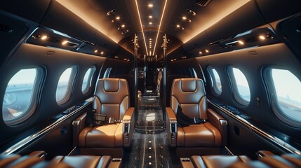 a luxury private jet interior with sleek design and advanced technology,