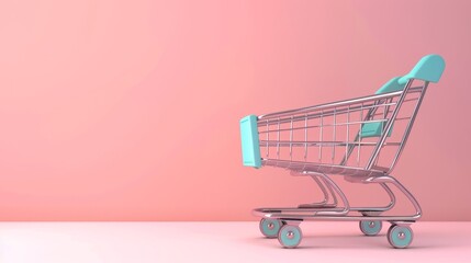 Minimalist shopping cart against a pastel pink background, symbolizing retail, consumerism, and the shopping experience in a modern setting.