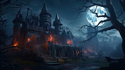 Spooky old gothic castle, foggy night, haunted mansion