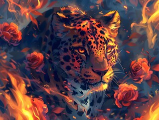 Leopard Surrounded by Fiery Roses - Intense Predator in Dramatic Natural Scene