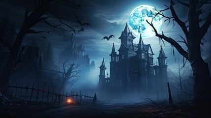 Spooky old gothic castle, foggy night, haunted mansion