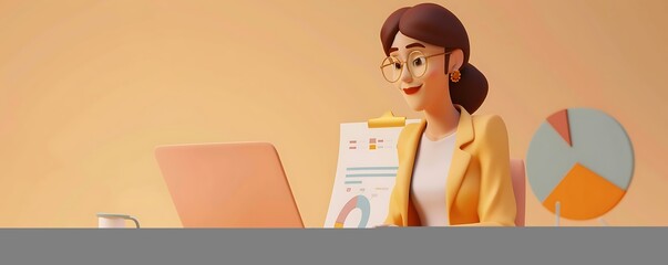 3D woman character working on her laptop, with a market research report in the background, plain light brown setting