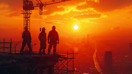 Workers standing on high-rise platform silhouetted against fiery sunset horizon