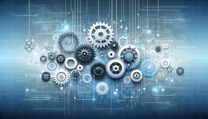 Sleek Digital Background with Blue and Silver Tones and Interconnected Gears