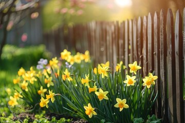 Obraz premium A beautiful flowerbed with daffodil flowers in the spring on a garden plot near the fence in the rays of sunshine