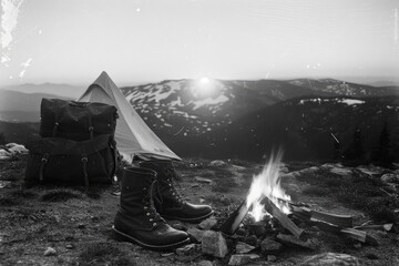 Serene mountain camping scene with a campfire, tent, backpack, and boots at sunset.