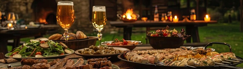 Outdoor dining table with grilled food, salads, and beer, set against a cozy nighttime backdrop with a fire in the background.