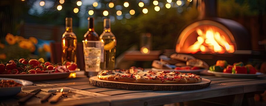 Outdoor pizza night with a cozy wood-fired oven, string lights, and a delicious spread of food and drinks under a starry sky. - Powered by Adobe