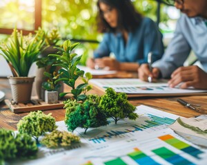 Business meeting focused on sustainable solutions, professionals discussing green strategies, charts and eco-friendly products on the table