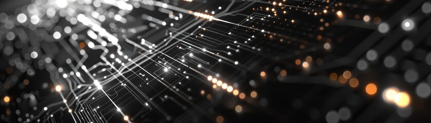 Abstract background with glowing lines and dots resembling a futuristic digital network in shades of black and white.