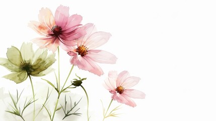 Elegant Watercolor Cosmos Flowers on White Background