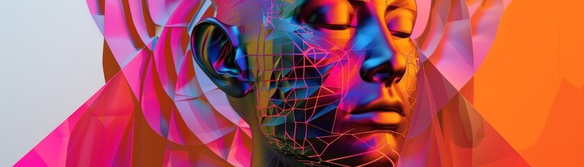 Abstract digital art featuring a human face blending vibrant colors and geometric shapes. Futuristic and visually striking composition.