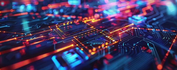Obraz premium Abstract close-up of a vibrant, illuminated circuit board, showcasing futuristic technology and intricate digital components with brilliant lighting.