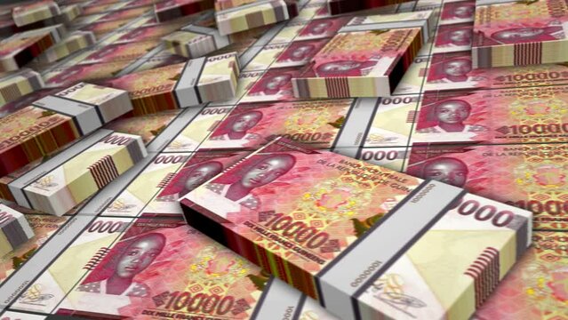 Guinea money Guinean francs banknote bundle loop. GNF 10000 money stacks. Concept of business, economy, banking and finance. Camera over cash packs loopable seamless 3d.