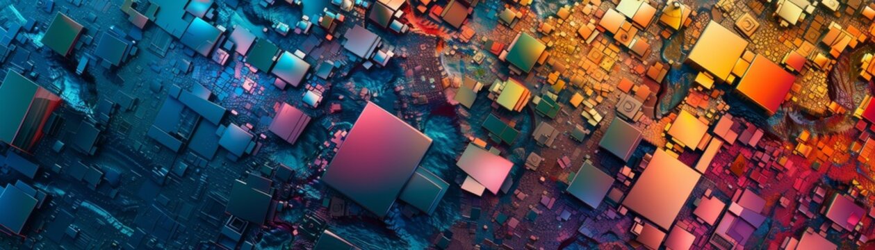 Abstract digital art with vibrant colors and geometric shapes creating a dynamic and modern background design.