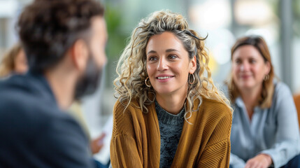 Woman engaging in conversation at meeting demonstrating active participation and interest in the discussion