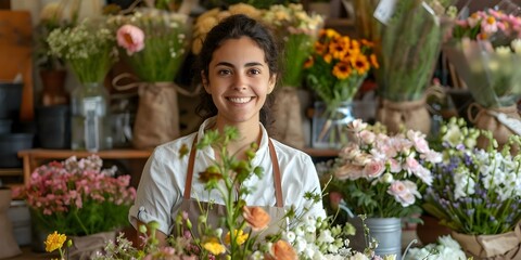 Female florist happily arranging fresh flowers in shop. Concept Florist, Flowers, Shop, Arranging, Happiness