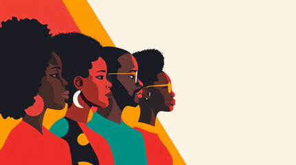Vibrant illustration depicting four afro-american individuals in profile celebrating juneteenth, symbolizing freedom, unity, and cultural heritage