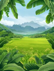 Scenic green landscape with lush rice fields and distant mountains under a clear blue sky