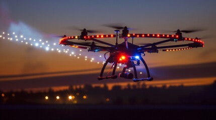 A leisure drone fitted with LED lights, flying at dusk, creating light patterns in the sky as part of a night-time aerial show.
