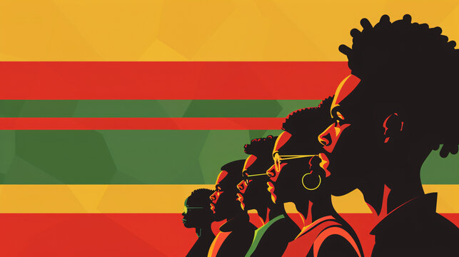 Celebrating juneteenth, this vibrant illustration features silhouettes of african american people with colorful stripes symbolizing freedom and cultural heritage