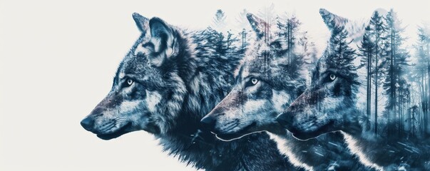 Artistic depiction of three wolves with a forest background, showcasing nature's beauty and the majestic presence of these wild animals.
