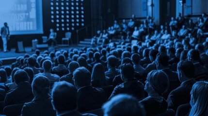 Audience seated in a large conference hall attentively listening to a presentation. Event setting with speakers and attendees visible.