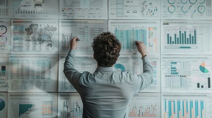 Businessman analyzing data charts and financial reports on a wall. Corporate strategy, data-driven decision making in a modern business environment.